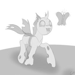 Size: 1200x1200 | Tagged: safe, artist:conscious-aberration, butterfly, changeling, cute, cuteling, eyes on the prize, fangs, monochrome, open mouth, running, smiling, solo