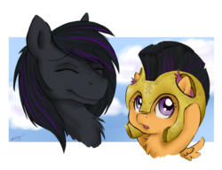 Size: 1300x1000 | Tagged: safe, artist:junkyardgypsy, artist:whipstitch, scootaloo, oc, oc:rome silvanus, pegasus, pony, g4, armor, commission, eyes closed, female, foal, helmet, male, multicolored hair, portrait, purple eyes, smiling