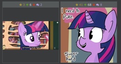 Size: 1242x662 | Tagged: safe, artist:tjpones, twilight sparkle, alicorn, pony, derpibooru, g4, female, implied vomit, juxtaposition, meta, solo, twilight sparkle (alicorn)