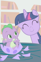 Size: 1340x2000 | Tagged: safe, artist:andy18, spike, twilight sparkle, dragon, pony, unicorn, dragon quest, g4, baby, baby dragon, baby spike, birth, book, bookshelf, bust, canterlot, cute, duo, duo male and female, egg, eggshell, female, filly, filly twilight sparkle, hatchling, male, mare, picture, portrait, spikabetes, spike's egg, unicorn twilight, vector, young, younger