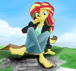 Size: 1534x1444 | Tagged: safe, artist:colonel-gabbo, sunset shimmer, equestria girls, g4, anatomically incorrect, barefoot, city, clothes, colored, commission, crossed legs, drawing, feet, female, foot fetish, giantess, huge, leather jacket, long neck, looking down, macro, sitting, solo, this will end in death, this will end in pain