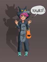 Size: 723x935 | Tagged: safe, artist:blurred-cat, scootaloo, human, g4, luna eclipsed, animal costume, animal onesie, candy, clothes, costume, female, halloween, humanized, kigurumi, nightmare night, onesie, scootawolf, solo, text, wolf costume