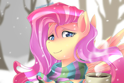 Size: 750x500 | Tagged: safe, artist:the0ne-u-lost, fluttershy, g4, clothes, female, scarf, snow, snowfall, solo, winter