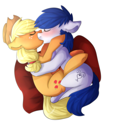 Size: 857x931 | Tagged: safe, artist:oddends, applejack, oc, oc:constance everheart, earth pony, pony, g4, blushing, canon x oc, cuddling, everjack, eyes closed, female, kiss on the lips, kissing, male, mare, shipping, snuggling, straight