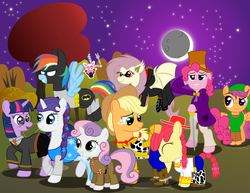 Size: 3300x2550 | Tagged: safe, artist:spellboundcanvas, apple bloom, applejack, fluttershy, pinkie pie, rainbow dash, rarity, scootaloo, sweetie belle, twilight sparkle, bat pony, earth pony, pegasus, pony, unicorn, vampire, alternate hairstyle, batman, belt, bipedal, boots, bowtie, braid, cane, clothes, confused, costume, cowboy boots, cowboy hat, crescent moon, crossover, cute, cutie mark crusaders, dc comics, disney, dracula, ear tufts, elsa, eye contact, eyes closed, fangs, female, filly, five nights at freddy's, five nights at freddy's 2, floating, flower, flower in hair, flutterbat, flying, freckles, frozen (movie), ghostbusters, glasses, grin, gryffindor, harry potter (series), hat, jessie (toy story), link, looking at each other, looking back, mane six, mangle, mare, moon, night, night sky, nightmare night, nightmare night costume, nintendo, peace sign, petting, pixar, queen elsarity, race swap, raised eyebrow, raised hoof, raised leg, red eyes, shoes, shyabates, shyabetes, skirt, smiling, smirk, spread wings, squee, stars, stetson, the legend of zelda, toy story, toy story 2, unicorn twilight, willy wonka, wings, woody