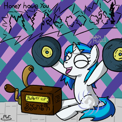 Size: 1000x1000 | Tagged: safe, artist:mysterywhiteflame, dj pon-3, vinyl scratch, pony, unicorn, g4, cutie mark, cutiespark, filly, happy, record, solo, special talent, talking