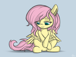 Size: 1600x1200 | Tagged: safe, artist:luminousdazzle, fluttershy, pegasus, pony, g4, chest fluff, cute, female, shy, shyabetes, simple background, sitting, solo