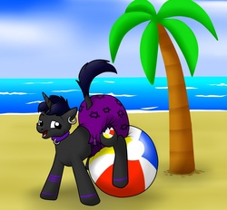 Size: 1280x1187 | Tagged: safe, artist:pidgopidgey, oc, oc only, beach, beach ball, collar, diaper, earring, non-baby in diaper, palm tree, piercing, poofy diaper, solo, tree