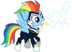 Size: 12299x8814 | Tagged: safe, artist:sugar-loop, rainbow dash, zapp, g4, power ponies (episode), .ai available, .svg available, absurd resolution, adobe illustrator, box art, clothes, costume, electricity, female, necklace, pendant, power ponies, simple background, solo, superhero, transparent background, vector