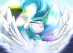 Size: 3500x2550 | Tagged: safe, artist:madacon, princess celestia, alicorn, pony, g4, color porn, eyes closed, female, high res, lake, lens flare, majestic, mare, pond, smiling, solo, spread wings, swanlestia, swimming, tree, wet, wet mane