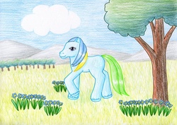 Size: 1024x724 | Tagged: safe, artist:normaleeinsane, countryside pony, earth pony, pony, g2, female, flower, outdoors, raised hoof, smiling, solo, traditional art, tree, unshorn fetlocks