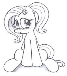 Size: 1995x2262 | Tagged: safe, artist:an-tonio, fluttershy, g4, blushing, female, flower, flower in hair, monochrome, ponytail, sitting, solo, traditional art