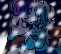 Size: 900x800 | Tagged: safe, artist:dragonpone, derpibooru exclusive, bon bon, lyra heartstrings, sweetie drops, bedroom eyes, blushing, clothes, drunk, earmuffs, female, gloves, lesbian, scarf, ship:lyrabon, shipping, snow, snowfall, tongue out, worried