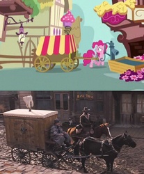 Size: 732x882 | Tagged: safe, screencap, pinkie pie, horse, g4, the one where pinkie pie knows, comparison, django, django unchained, horses doing horse things, irl horse, movie reference, pony pulls the wagon, wagon