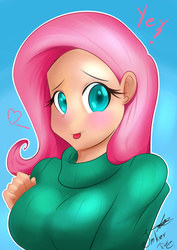 Size: 2480x3507 | Tagged: safe, artist:noisyvox, fluttershy, human, g4, breasts, busty fluttershy, clothes, female, high res, humanized, solo, sweater, sweatershy, yay