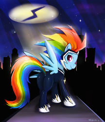 Size: 1200x1388 | Tagged: safe, artist:milanoss, rainbow dash, zapp, g4, power ponies (episode), butt, clothes, costume, female, plot, power ponies, solo