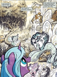 Size: 1214x1638 | Tagged: safe, artist:andypriceart, idw, official comic, rabia, radiant hope, fairy, pixie, pony, umbrum, unicorn, g4, siege of the crystal empire, spoiler:comic, spoiler:comic35, butterfly wings, female, mare, open mouth, waterfall