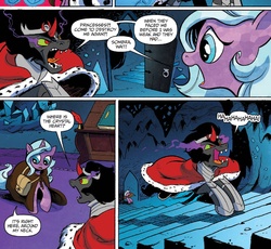Size: 1370x1258 | Tagged: safe, artist:andy price, idw, official comic, king sombra, radiant hope, pony, unicorn, g4, siege of the crystal empire, spoiler:comic, spoiler:comic35, angry, ascended meme, cape, cloak, clothes, comic, duo, female, frown, glare, glowing eyes, male, mare, open mouth, pronking, smiling, smirk, stairs, stallion, that pony sure does love stairs