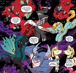 Size: 1374x1324 | Tagged: safe, artist:andypriceart, idw, official comic, flam, flim, iron will, king sombra, lightning dust, queen chrysalis, changeling, changeling queen, minotaur, pegasus, pony, umbrum, unicorn, g4, siege of the crystal empire, spoiler:comic, spoiler:comic35, antagonist, eyes closed, facial hair, female, flim flam brothers, male, mare, moustache, nose piercing, nose ring, piercing, septum piercing, smoke, speech bubble, stallion