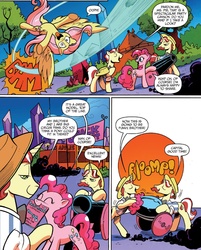 Size: 1387x1723 | Tagged: safe, artist:andy price, idw, official comic, flam, flim, fluttershy, pinkie pie, earth pony, pegasus, pony, unicorn, friendship is magic #35, g4, siege of the crystal empire, spoiler:comic, cannon, comic, female, flim flam brothers, male, mare, mouth hold, partillery, party cannon, pony cannonball, speech bubble, spread wings, stallion, stupidity, swirly eyes, tongue out, tricked, wings