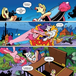 Size: 1374x1368 | Tagged: safe, artist:andy price, idw, official comic, flam, flim, fluttershy, pinkie pie, rarity, changeling, earth pony, pony, unicorn, friendship is magic #35, g4, siege of the crystal empire, spoiler:comic, comic, derp, female, flim flam brothers, male, mare, party cannon, pony cannonball, stallion, swirly eyes