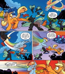 Size: 1380x1591 | Tagged: safe, artist:andypriceart, idw, official comic, applejack, rainbow dash, changeling, earth pony, pegasus, pony, g4, siege of the crystal empire, spoiler:comic, spoiler:comic35, abuse, buck, comic, dashabuse, female, fight, mare, sonic rainboom, starry eyes, tongue out, wingding eyes