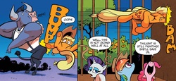 Size: 1386x638 | Tagged: safe, artist:andypriceart, idw, official comic, applejack, iron will, pinkie pie, rainbow dash, rarity, earth pony, minotaur, pony, unicorn, g4, siege of the crystal empire, spoiler:comic, spoiler:comic35, abuse, applejack's hat, cage, clothes, comic, cowboy hat, crash, female, hat, jackabuse, male, mare, nose piercing, nose ring, piercing, septum piercing, suspenders