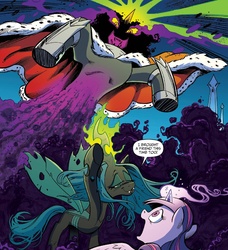 Size: 1359x1493 | Tagged: safe, artist:andypriceart, idw, official comic, king sombra, queen chrysalis, twilight sparkle, alicorn, changeling, changeling queen, pony, umbrum, g4, siege of the crystal empire, spoiler:comic, spoiler:comic35, armpits, female, glowing horn, horn, mare, speech bubble, twilight sparkle (alicorn)