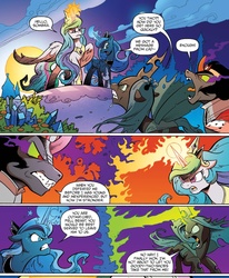Size: 1381x1677 | Tagged: safe, artist:andypriceart, idw, official comic, king sombra, princess celestia, princess luna, queen chrysalis, alicorn, changeling, changeling queen, pony, unicorn, g4, siege of the crystal empire, spoiler:comic, spoiler:comic35, comic, female, magic, male, mare, royal sisters, stallion