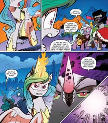 Size: 1377x1559 | Tagged: safe, artist:andypriceart, idw, official comic, king sombra, princess celestia, princess luna, queen chrysalis, radiant hope, alicorn, changeling, changeling queen, pony, umbrum, unicorn, g4, siege of the crystal empire, spoiler:comic, spoiler:comic35, comic, female, glowing horn, horn, magic, male, mare, stallion