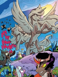 Size: 1372x1817 | Tagged: safe, artist:andypriceart, idw, official comic, king sombra, princess celestia, princess luna, queen chrysalis, radiant hope, alicorn, changeling, pony, g4, siege of the crystal empire, spoiler:comic, spoiler:comic35, chrysalis laughs at your misery, female, frown, glare, gritted teeth, laughing, male, mare, meme origin, petrification, rearing, smiling, spread wings, stallion, statue, wide eyes