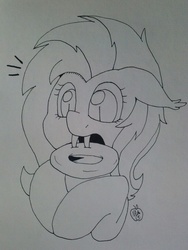 Size: 960x1280 | Tagged: safe, artist:notenoughapples, fluttershy, bat pony, pony, g4, bagel, female, floppy ears, flutterbat, monochrome, solo, stuck, traditional art