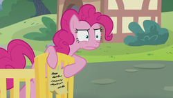 Size: 1366x768 | Tagged: safe, screencap, pinkie pie, g4, the one where pinkie pie knows, crib, note