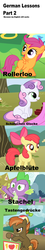 Size: 717x4000 | Tagged: safe, edit, edited screencap, screencap, apple bloom, button mash, scootaloo, spike, sweetie belle, dragon, earth pony, pegasus, pony, unicorn, g4, colt, cutie mark crusaders, deutsch, female, filly, german, male, text, translation