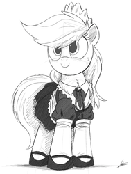 Size: 1000x1323 | Tagged: safe, artist:ncmares, applejack, earth pony, pony, g4, clothes, female, freckles, maid, mare, monochrome, smiling, solo