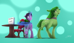 Size: 2406x1400 | Tagged: safe, artist:mechagen, earth pony, pony, unicorn, broccoli, disgust (inside out), duo, fear (inside out), food, inside out, magic, pixar, ponified