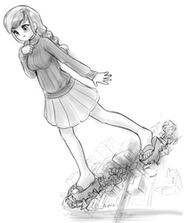 Size: 985x1174 | Tagged: safe, artist:alloyrabbit, oc, oc only, oc:sequoia, human, city, clothes, crushing, destruction, feet, humanized, macro, platform shoes, pleated skirt, sandals, skirt, smiling, sweater