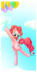 Size: 1375x2686 | Tagged: safe, artist:ms-seven0, pinkie pie, earth pony, pony, g4, balloon, female, floating, sky, smiling, solo, then watch her balloons lift her up to the sky