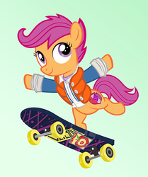 Size: 565x676 | Tagged: safe, artist:pixelkitties, scootaloo, crusaders of the lost mark, g4, back to the future, clothes, cutie mark, female, jacket, marty mcfly, scootachicken, skateboard, smiling, solo, the cmc's cutie marks, wip