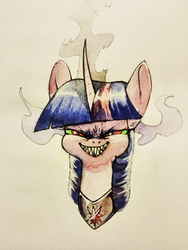Size: 1181x1574 | Tagged: safe, artist:underpable, twilight sparkle, pony, unicorn, g4, bust, curved horn, dark magic, fangs, female, green eyes, grin, horn, magic, peytral, sharp teeth, solo, sombra eyes, traditional art, watercolor painting