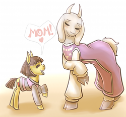 Size: 857x800 | Tagged: safe, artist:countaile, goat, blushing, clothes, cloven hooves, cute, eyes closed, frisk, heart, open mouth, ponified, raised hoof, smiling, toriel, undertale