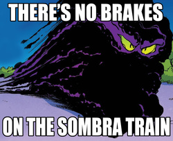 Size: 865x704 | Tagged: safe, artist:andy price, edit, idw, official comic, king sombra, umbrum, g4, siege of the crystal empire, spoiler:comic, spoiler:comic35, meme, no brakes, train