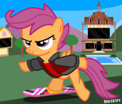 Size: 1372x1172 | Tagged: safe, artist:roger334, scootaloo, pegasus, pony, g4, back to the future, back to the future 2, crossover, female, filly, foal, hoverboard, ponyville, solo, town hall