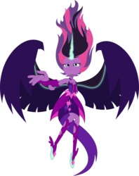 Size: 7911x10000 | Tagged: safe, artist:bluethunder66, sci-twi, twilight sparkle, equestria girls, g4, my little pony equestria girls: friendship games, .svg available, absurd resolution, bare shoulders, clothes, dress, female, fingerless gloves, floating, gloves, horn, midnight sparkle, offscreen character, reaching, simple background, sleeveless, solo, strapless, teary eyes, transparent background, vector, wings