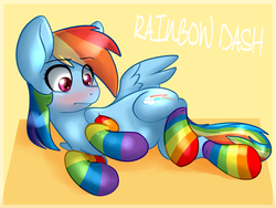 Size: 1600x1200 | Tagged: safe, artist:annakitsun3, rainbow dash, g4, backwards cutie mark, blushing, clothes, female, rainbow socks, redraw, socks, solo, striped socks