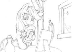 Size: 1280x931 | Tagged: safe, artist:nauth, applejack, g4, bedroom, hat, monochrome, portrait