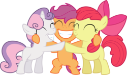 Size: 8466x4977 | Tagged: safe, artist:reginault, apple bloom, scootaloo, sweetie belle, earth pony, pegasus, pony, unicorn, crusaders of the lost mark, g4, .svg available, ^^, absurd resolution, adorabloom, apple bloom's bow, bipedal, bow, cute, cutealoo, cutie mark, cutie mark crusaders, cutie mark cuties, diasweetes, eyes closed, female, filly, grin, group hug, hair bow, happy, hug, simple background, transparent background, trio, trio female, vector