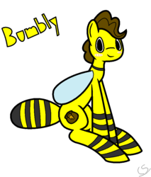 Size: 732x860 | Tagged: safe, artist:clouded skies, oc, oc only, oc:bumbly, bee pony, bug pony, original species, blush sticker, blushing, cute, digital art, looking at you, ms paint, sitting, solo, stripes