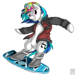 Size: 2610x2609 | Tagged: safe, artist:stormblaze-pegasus, dj pon-3, vinyl scratch, pony, unicorn, g4, back to the future, back to the future part 2, background pony, baseball cap, bipedal, clothes, costume, crossover, female, hat, high res, hoverboard, jacket, marty mcfly, simple background, solo, transparent background