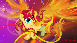 Size: 1500x850 | Tagged: safe, artist:sunsetcrady, sunset shimmer, pony, unicorn, equestria girls, my past is not today, rainbow rocks, clothes, female, fiery shimmer, fire, signature, socks, sockset shimmer, solo, space, sunset phoenix